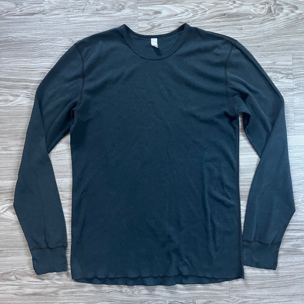 American Apparel Mens XL Black Thermal Long Sleeve Waffle Knit Shirt Crew Neck